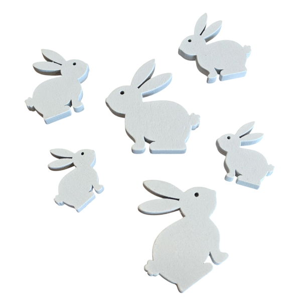 Tr� hare 3, 4, 5 cm 6 stk. ass. st�rrelser hvid